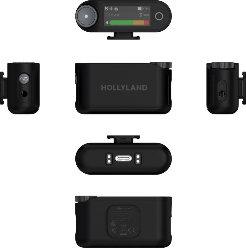 Hollyland Lark Max 2 Solo creator wireless microphone system with compact transmitter and receiver for high-quality audio.