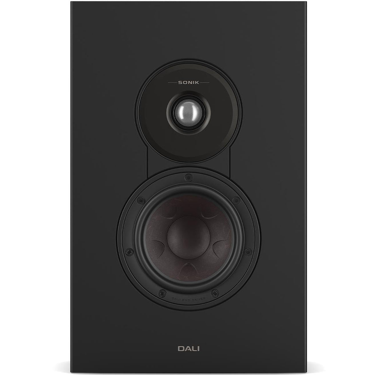 DALI Sonik On-Wall in-wall and outdoor speaker with sleek black grille and compact design, suitable for indoor and outdoor audio setups