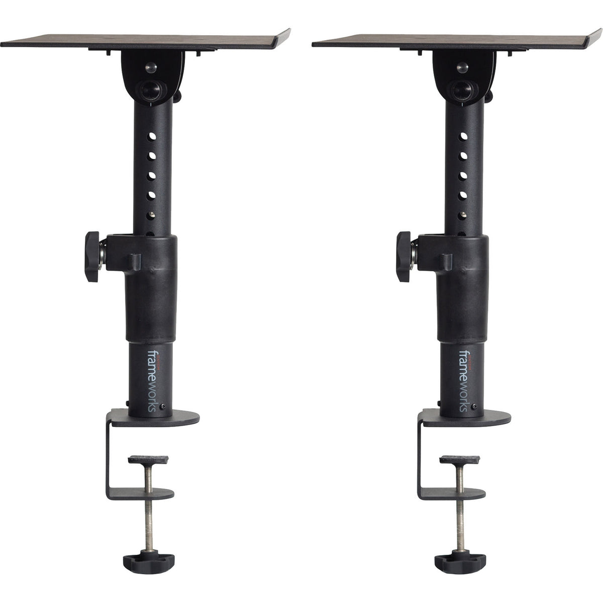 Gator Frameworks clamp-on studio monitor stands with adjustable arms and sturdy construction for professional audio setup.