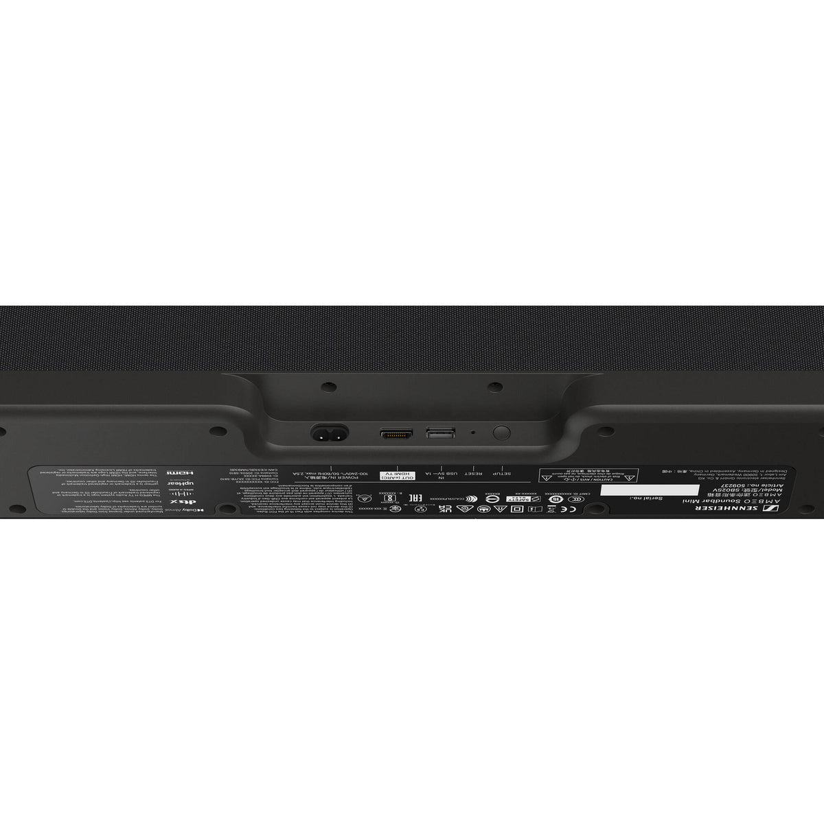 Sennheiser Ambeo Soundbar Mini for TV audio, sleek black design with multiple speaker drivers and minimalist front grille.
