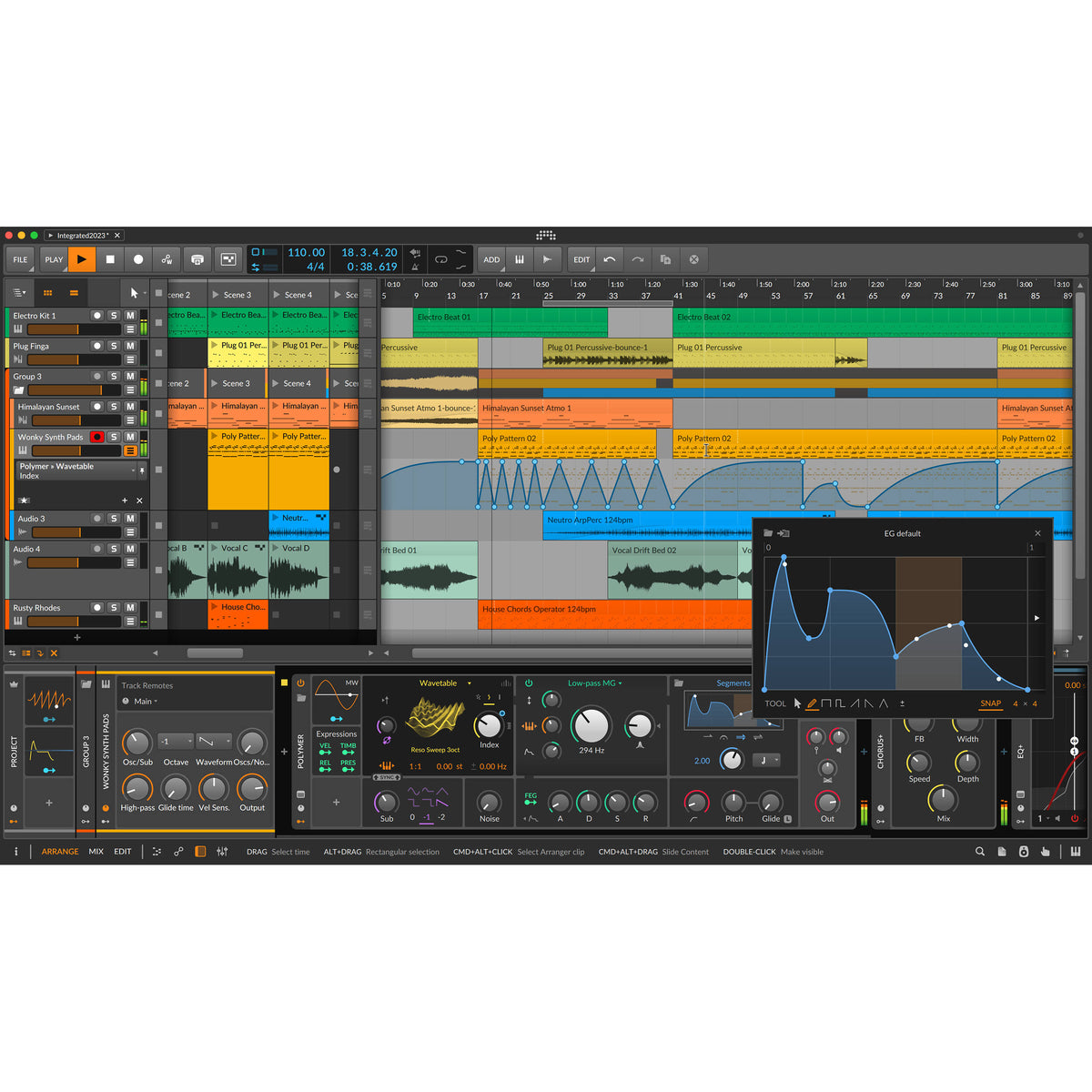 Bitwig Studio 5 music production software interface with digital audio workspace and mixing controls.