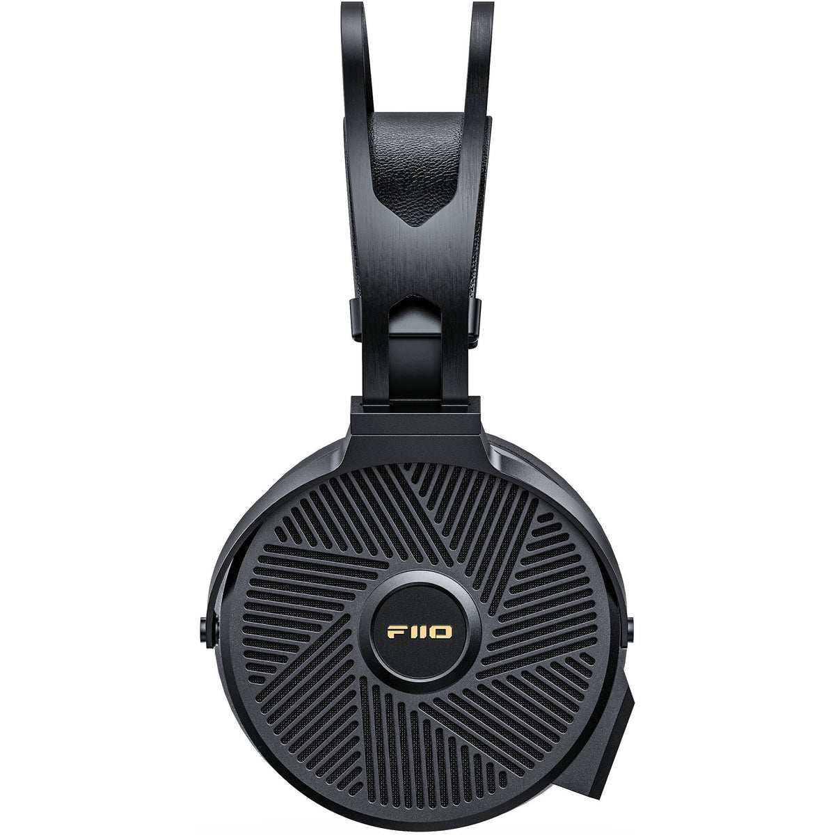 FiiO FT5 wired headphones with black ear cups and inline remote, resting on a white background.