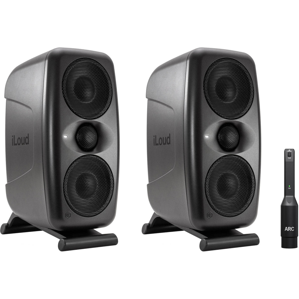 Pair of IK Multimedia iLoud MTM MK2 active nearfield monitors with sleek black finish and detailed speaker drivers.
