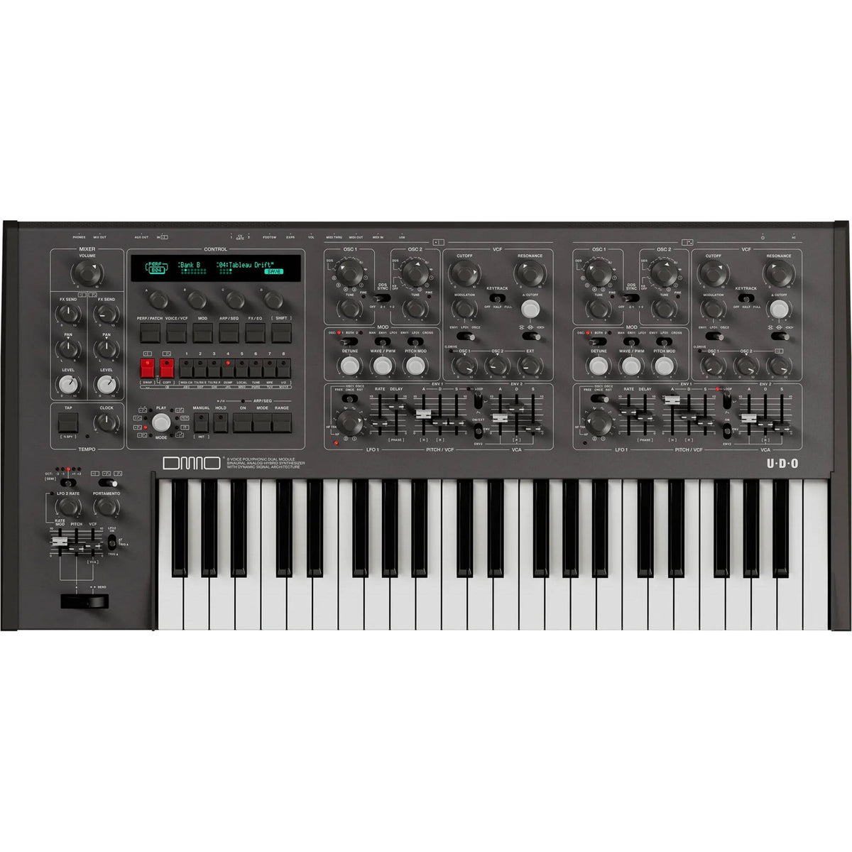 UDO Audio DMNO keyboard synthesizer with black keys and control knobs, showing front panel and key layout.