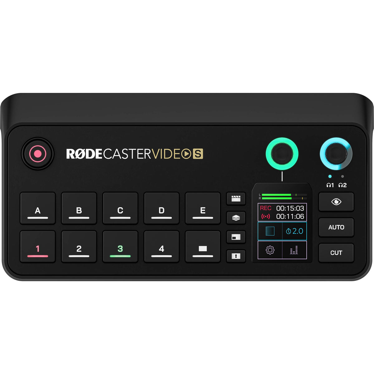 Rode RodeCaster Video S video editing controller with touchscreen, knobs, and buttons for professional content creation.