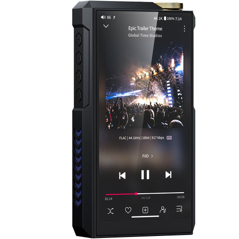 FiiO M27 portable music player with sleek black design, touchscreen display, and multiple control buttons on the front.