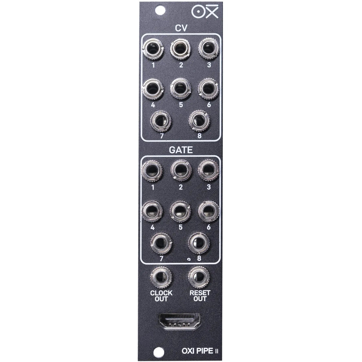 Front view of OXI Instruments Pipe MKII semi-modular synthesizer with colorful patch cables and control knobs.