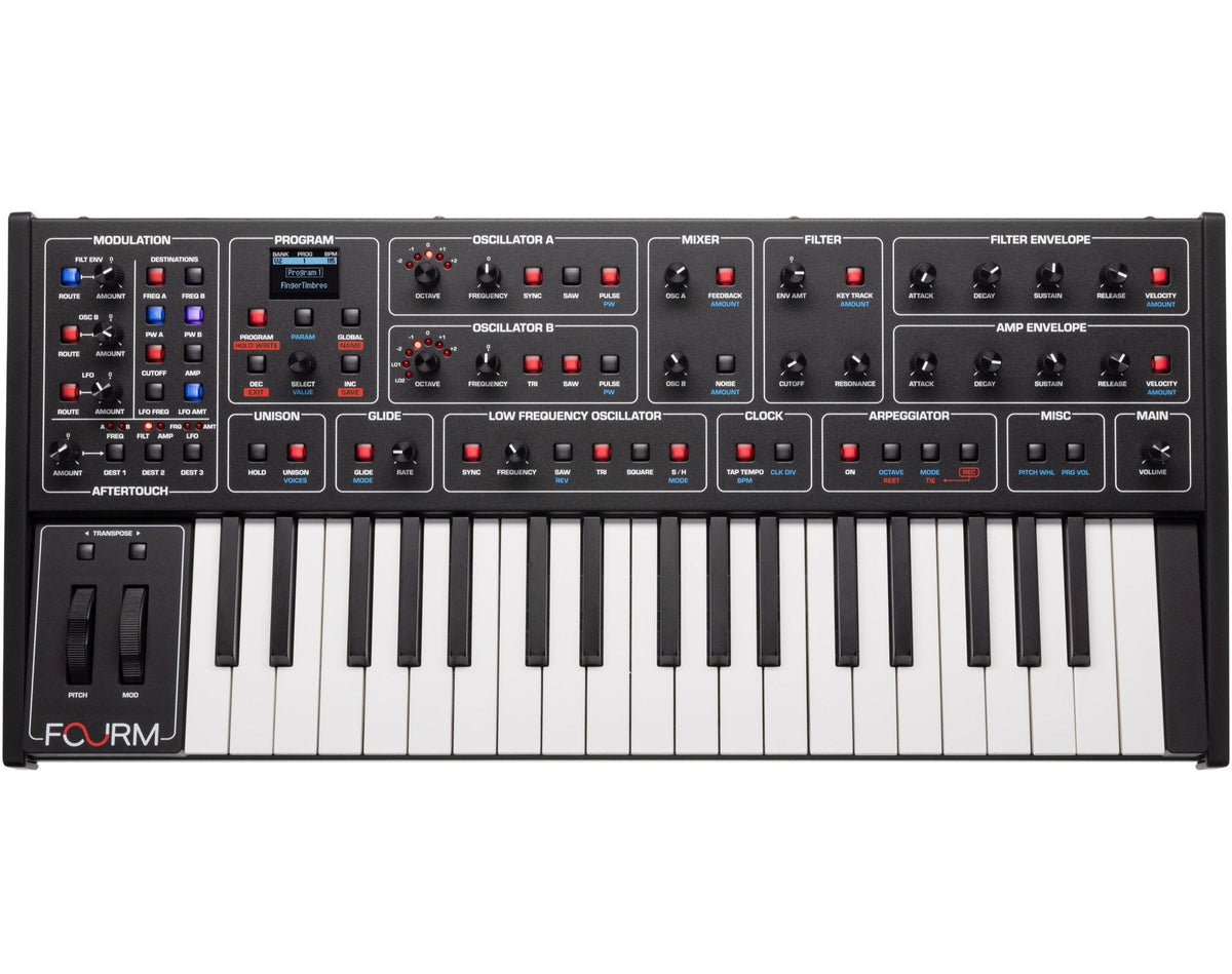 Sequential Fourm keyboard synthesizer with sleek black design and control knobs, showcasing its compact, professional music production interface.