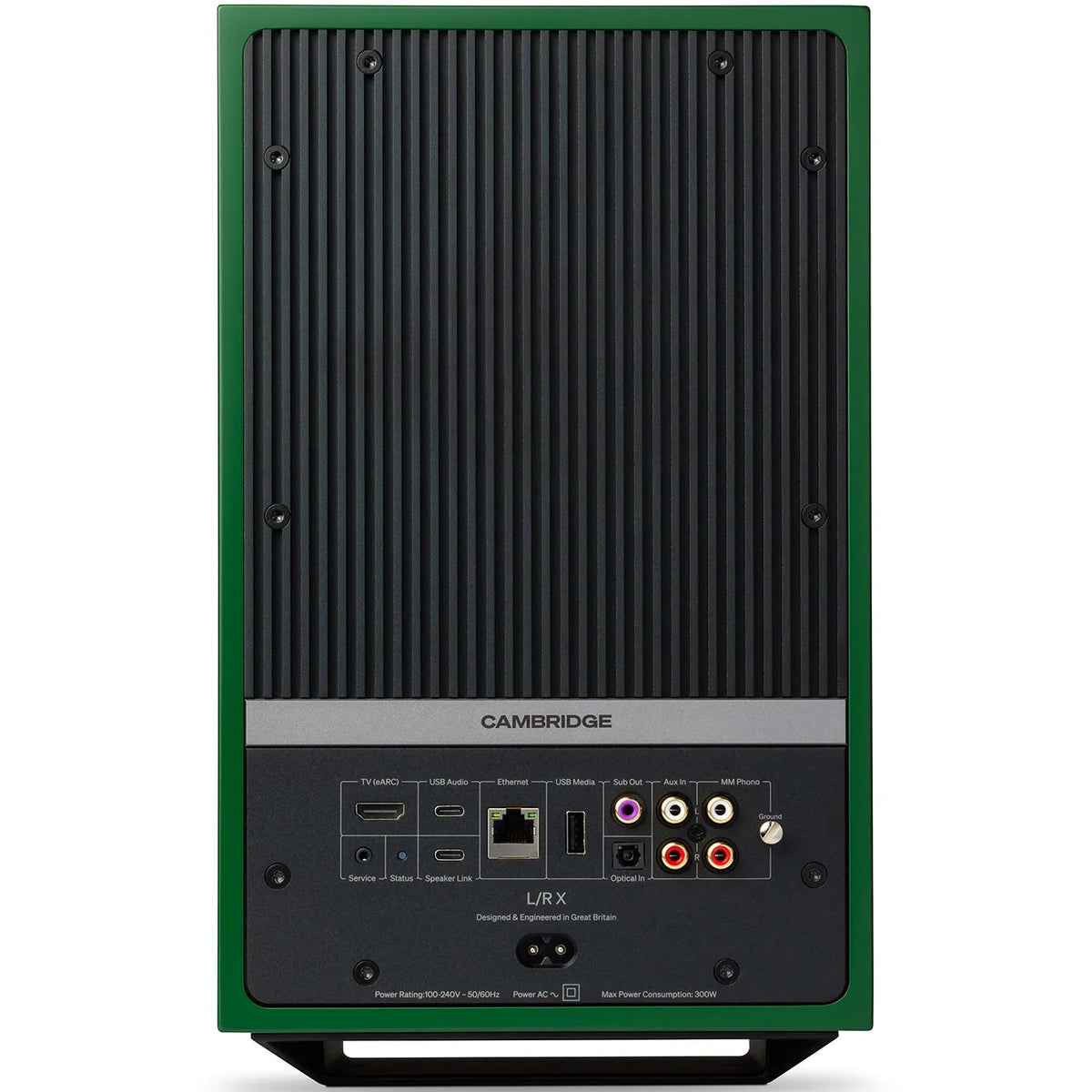 Cambridge Audio L/R X active bookshelf speakers, green, front view