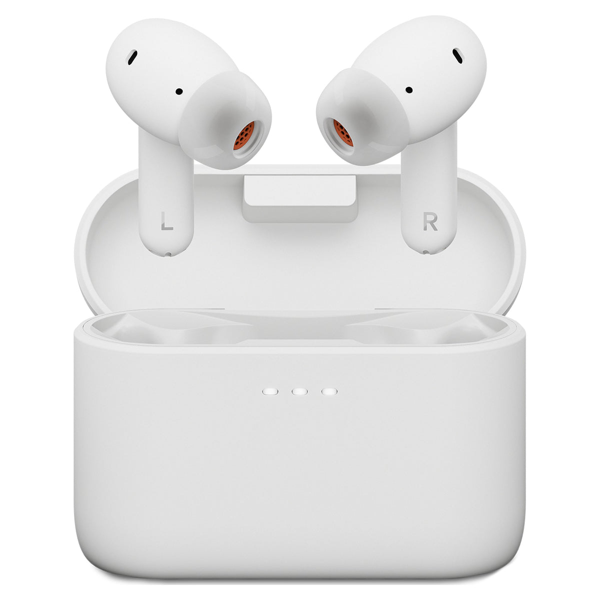 Cambridge Audio Melomania A100 SE earbuds seated in charging case, front view, White