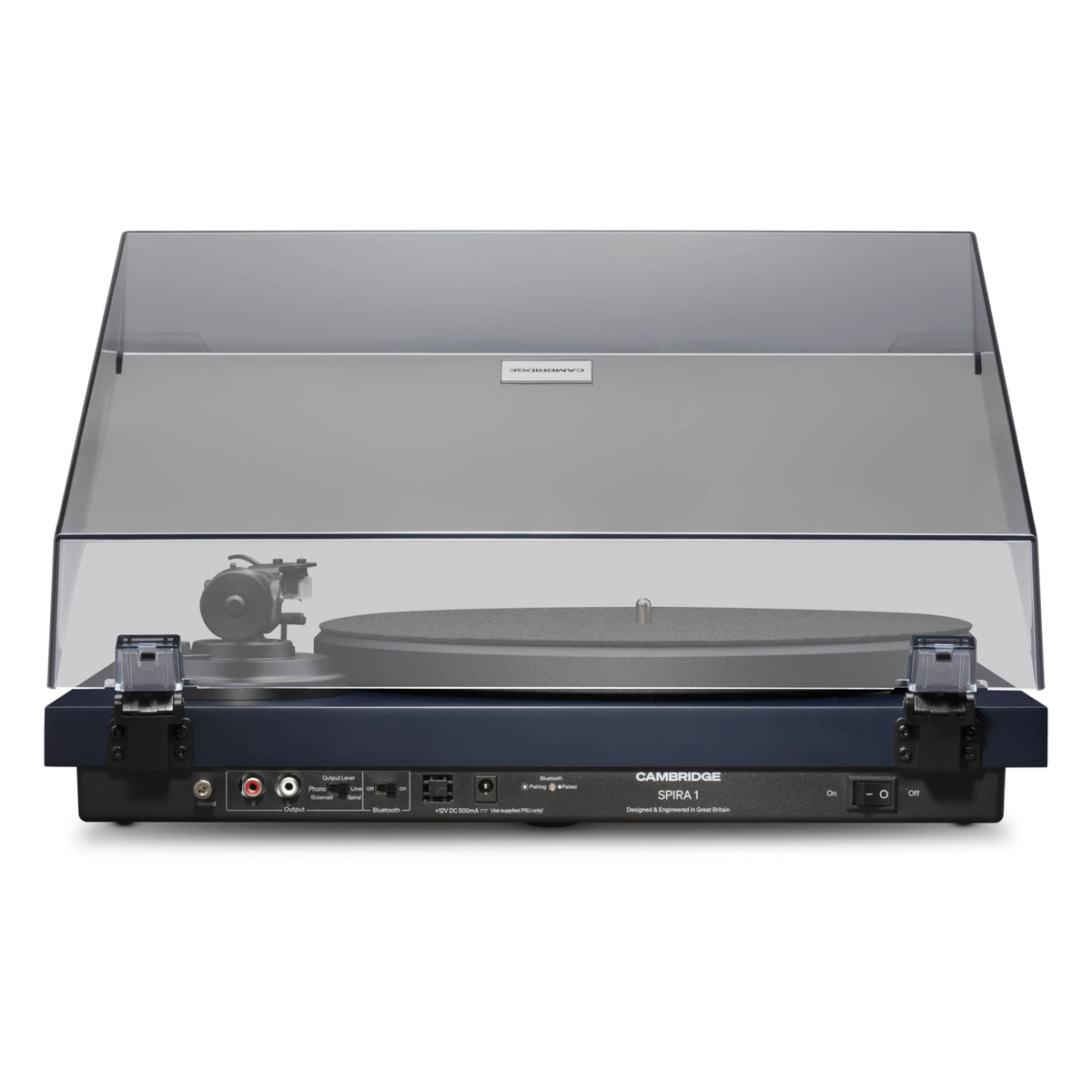 Cambridge Audio Spira turntable in Blue, rear panel with RCA output, phono switch and Bluetooth