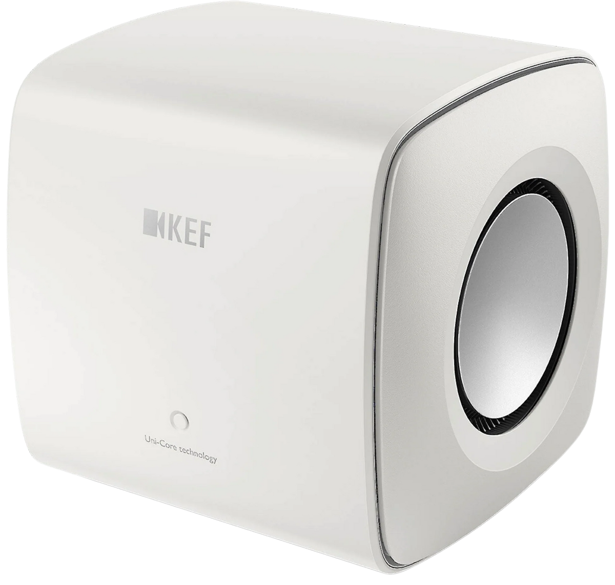 KEF KC62 subwoofer with sleek black design, compact size, and front-facing port, ideal for deep bass in home audio systems.