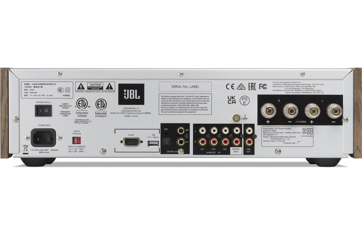JBL SA550 Classic stereo amplifier with a sleek black design and control knobs, perfect for high-quality audio setup.