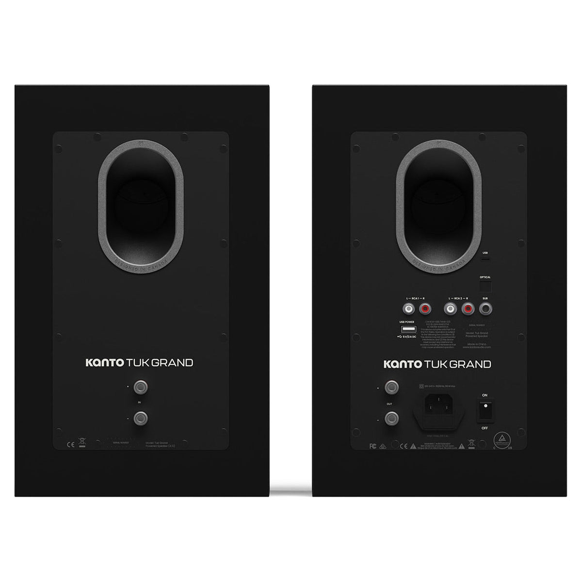 Kanto Audio TUK Grand in Matte Black, rear view with RCA, USB-C, optical inputs and subwoofer output