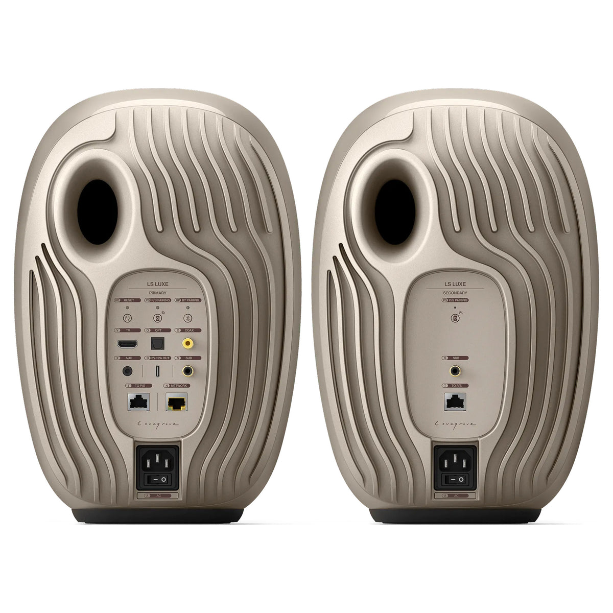KEF LS Luxe rear panels showing HDMI eARC, optical, coaxial, aux and ethernet connectors