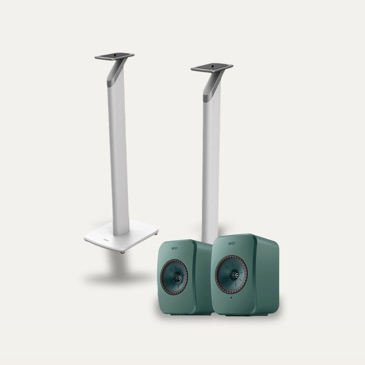 KEF LSX II LT + KEF S1 Stands Wireless Speaker Set – Speaker Colour Sage Green, Stand Colour White