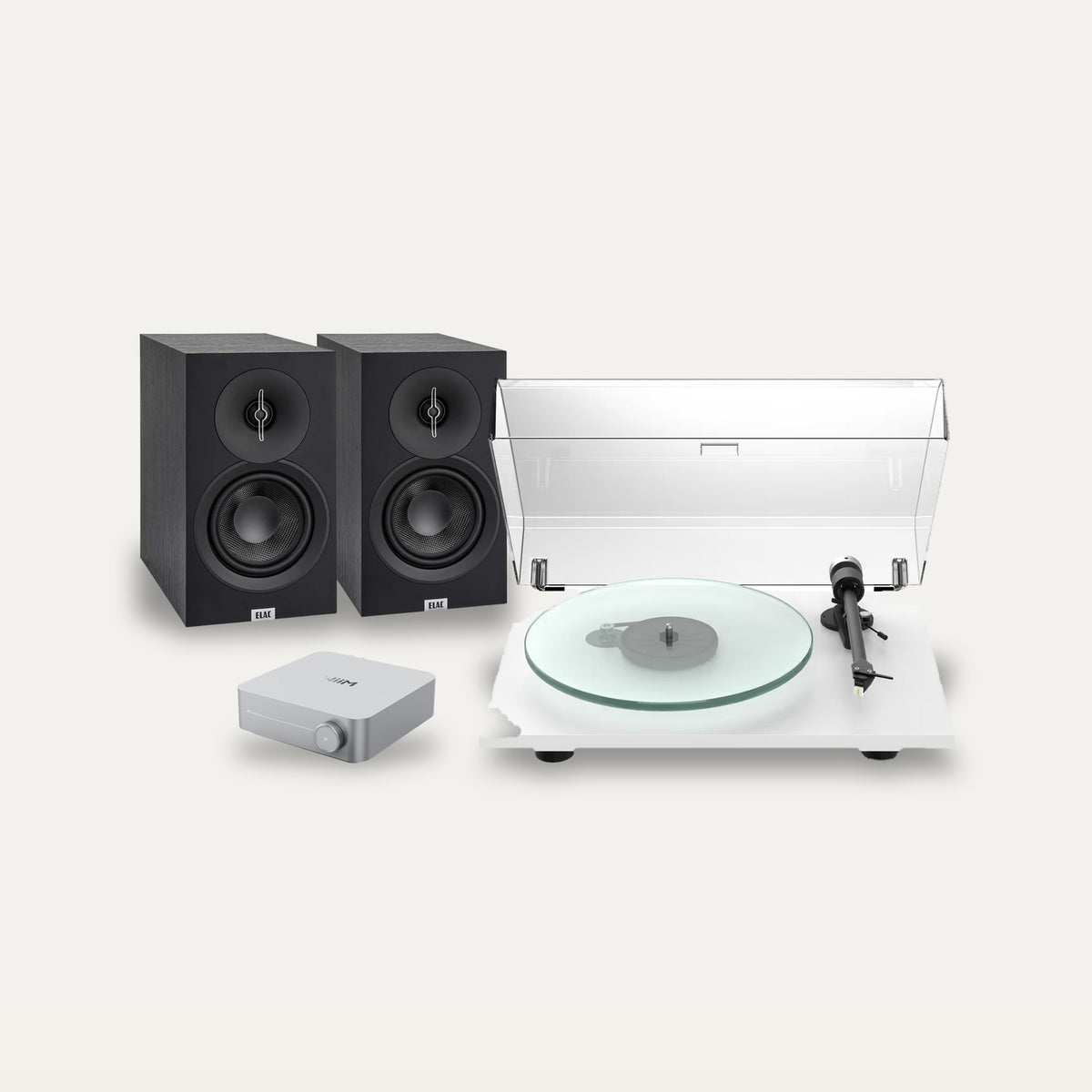 Pro-Ject T2 Super Phono + WiiM Amp + ELAC Debut B5.3 Vinyl System – Turntable Finish Satin White, Amplifier Colour Silver