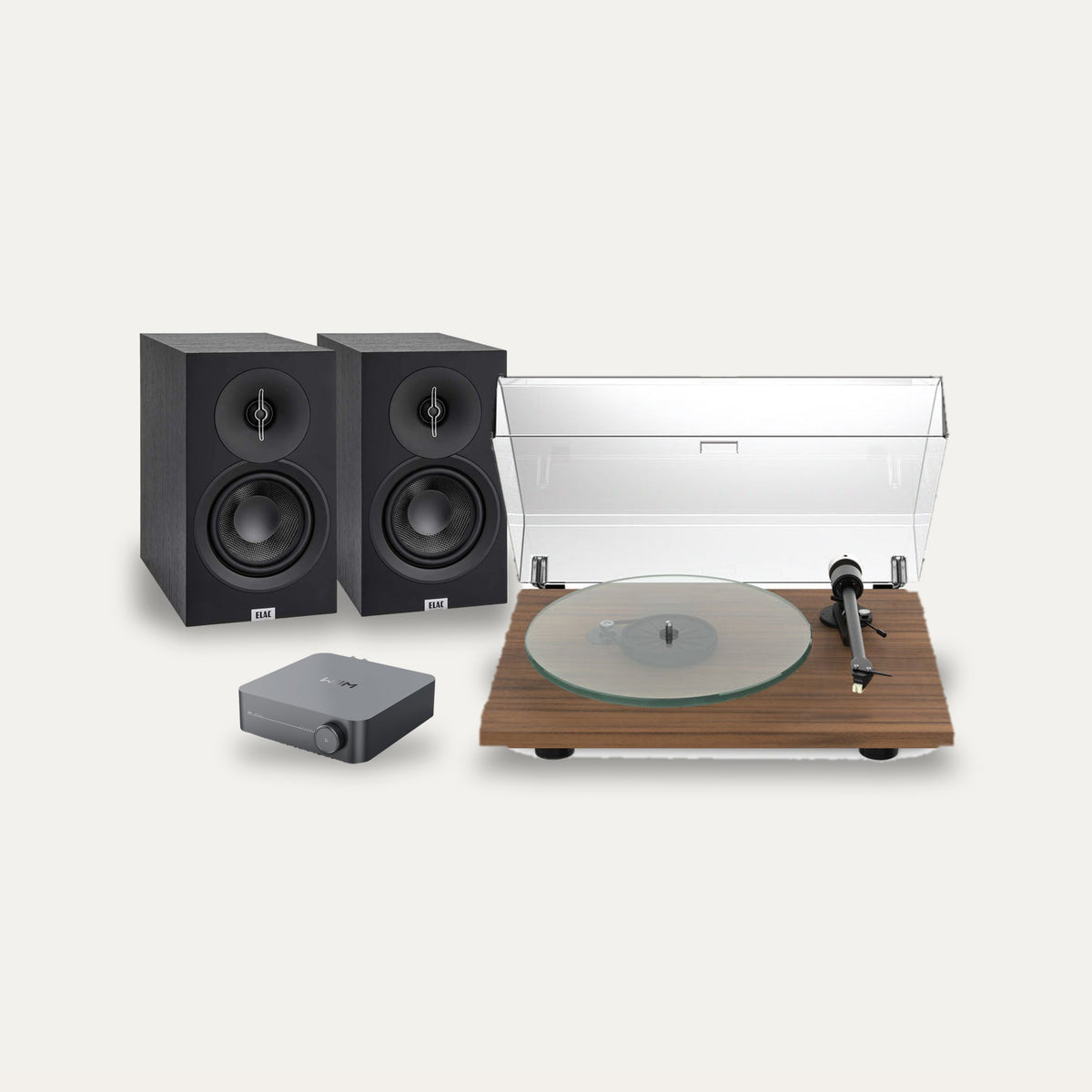 Pro-Ject T2 Super Phono + WiiM Amp + ELAC Debut B5.3 Vinyl System – Turntable Finish Walnut, Amplifier Colour Grey