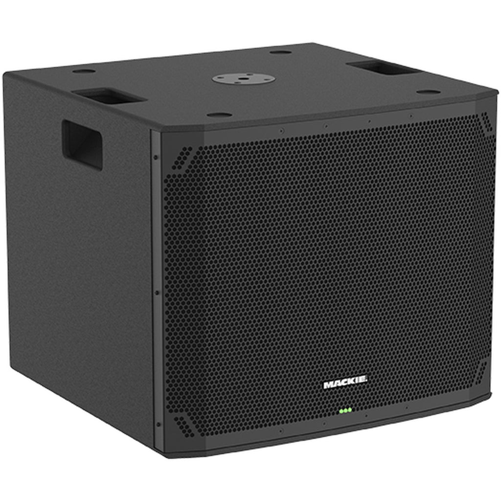 Mackie Thump18Sv4 active subwoofer with rugged black enclosure and control panel, designed for powerful bass in live sound setups.