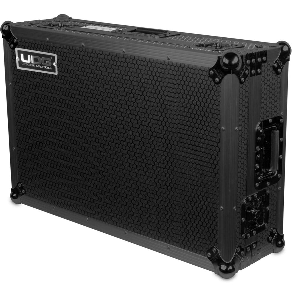 UDG Ultimate Flightcase for XDJ-RX3 with laptop tray and wheels, showcasing a sturdy black design and ample storage space.