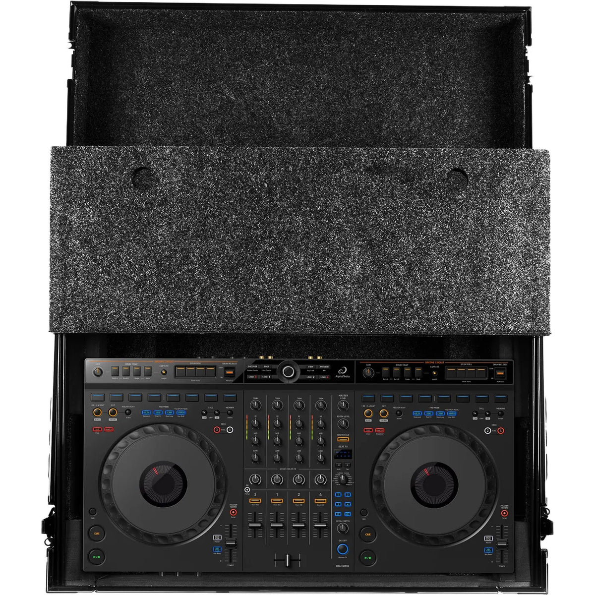 UDG Ultimate Flight Case AlphaTheta DDJ-GRV6 black DJ flight case with laptop shelf for DJ equipment and gear protection.