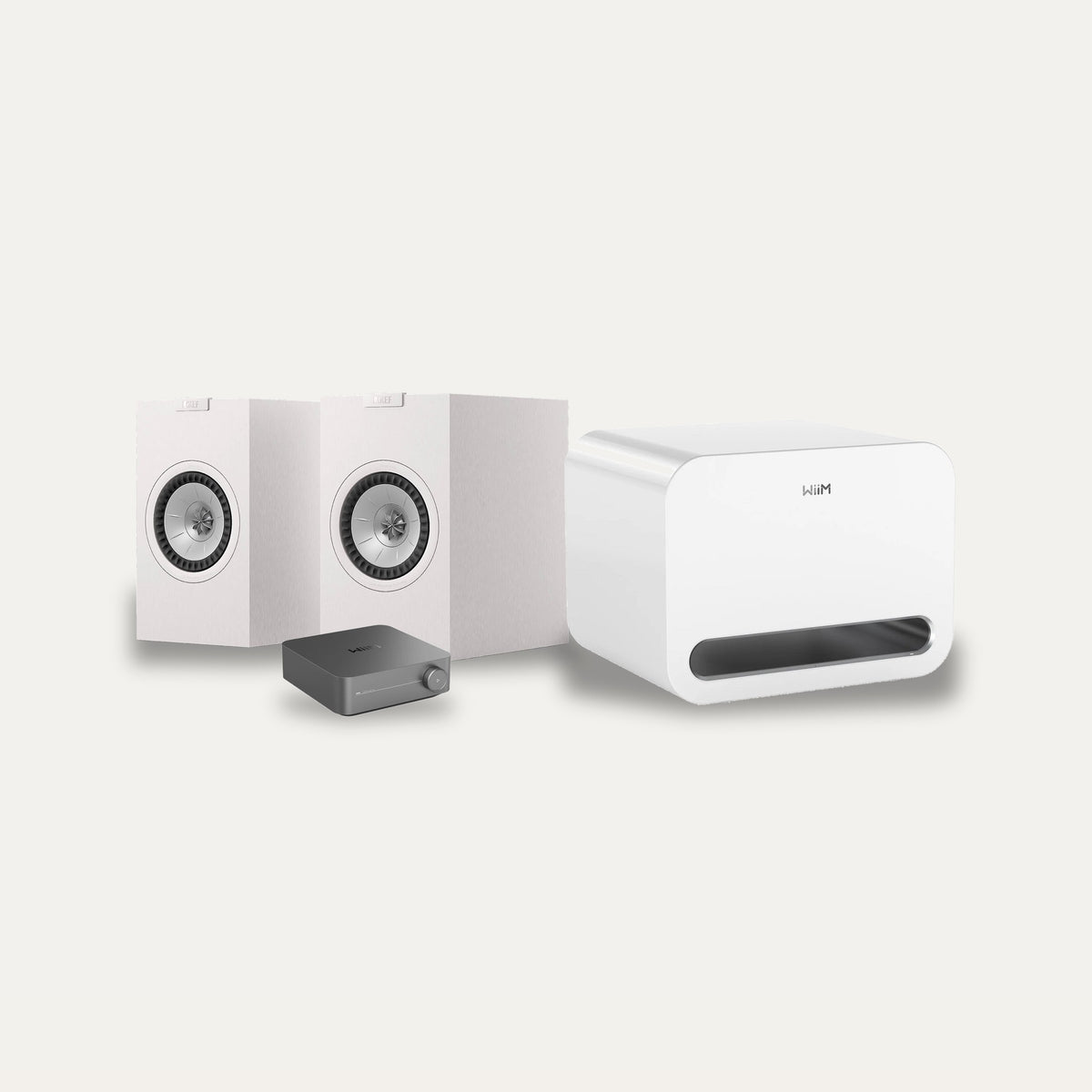WiiM Amp Pro + WiiM Sub Pro + KEF Q1 Meta Streaming 2.1 Set – Subwoofer Colour White, Speaker Finish Satin White