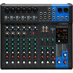 Yamaha MG12XUK analog mixer with multiple input channels and clear control layout on a sleek design.